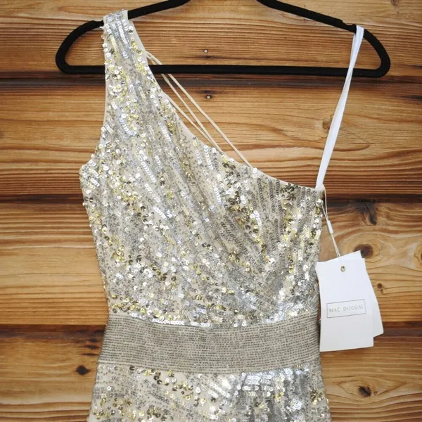 Mac Duggal 5687 SEQUINED ONE SHOULDER DRAPED LACE UP GOWN dress Silver 8 - Image 8
