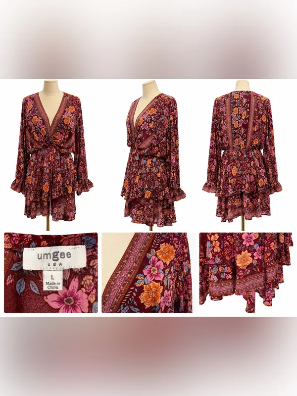 Umgee Floral Boho Mini Dress Size L Burgundy Pink Long Sleeve Ruffle Hem - Image 5
