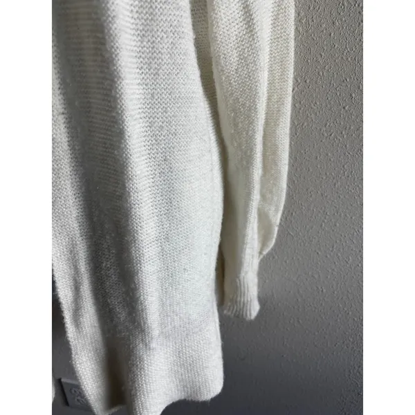 Azure Cardigan Sweater L Cream Vintage Tie Neck Ribbed Knit Open Front USA Made - Image 8