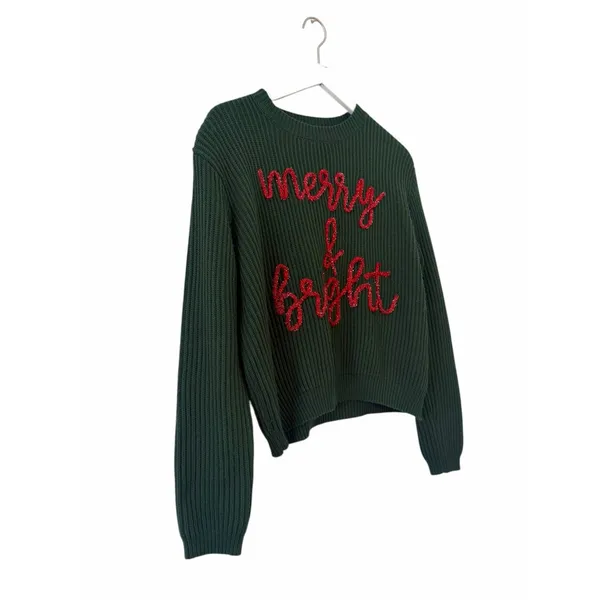 Queen of Sparkles Merry & Bright Christmas Sweater Green Size Large - Image 3