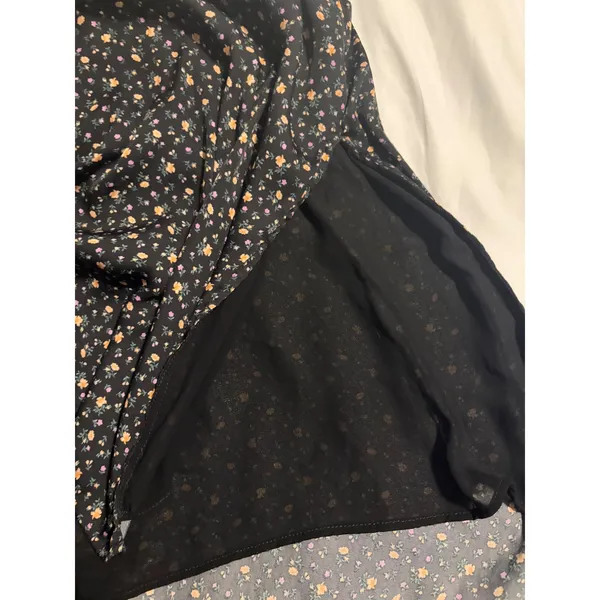 American Eagle‎ Black Floral Midi Dress Size L Square Neck Back Cutout Slit Boho - Image 6