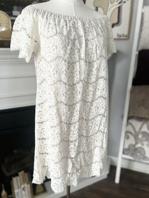 Love, Fire Off Shoulder Cream Lace Mini Dress Women’s Size Medium - Image 2