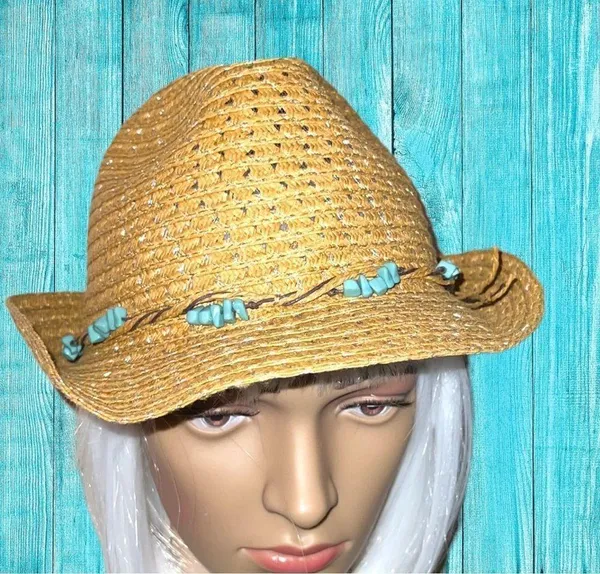 Cute straw fedora with turquoise beaded band! Tan - Image 5