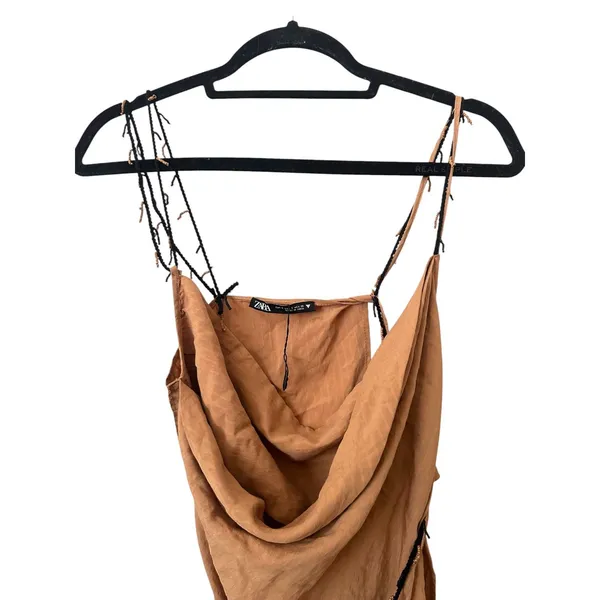ZARA Asymmetric Handkerchief Beaded Blouse‎ Tan Small - Image 5