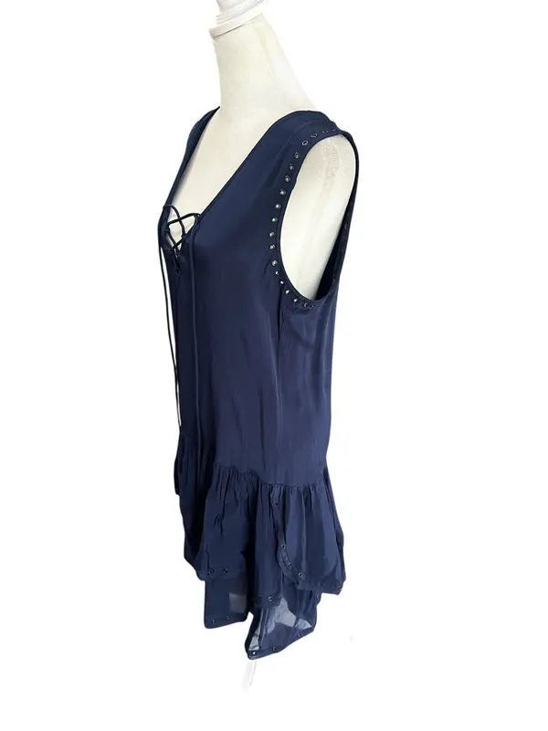 Zadig & Voltaire Navy Lace Up Studded Rory Spi Mini Dress Size S Boho Designer - Image 4