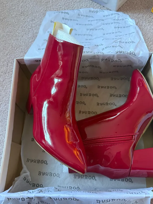 Bamboo Red Faux Leather Chunky Heel Boot - Image 4