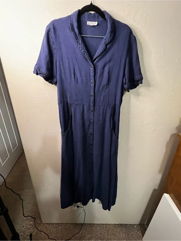 Basic Threads Santa Monica Blue Linen Tencel Button Front Midi Shirt Dress - Image 2