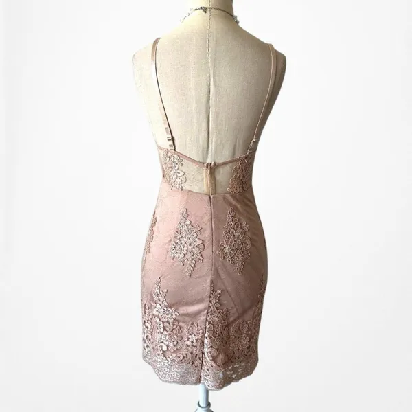 Vintage Y2K 90s Beige Nude Lace Mesh Mini Bodycon Knit Cocktail Party Dress Size S - Image 5