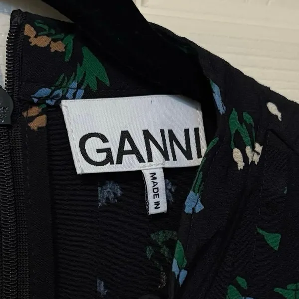Ganni Black Blue Floral Mock Neck Pleated Crepe Top Blouse Size EU 42 US Large - Image 3