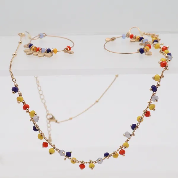 Boho Gold Tone Multi Color Seed Bead Necklace and Hoop Earring Jewelry Set - Image 2