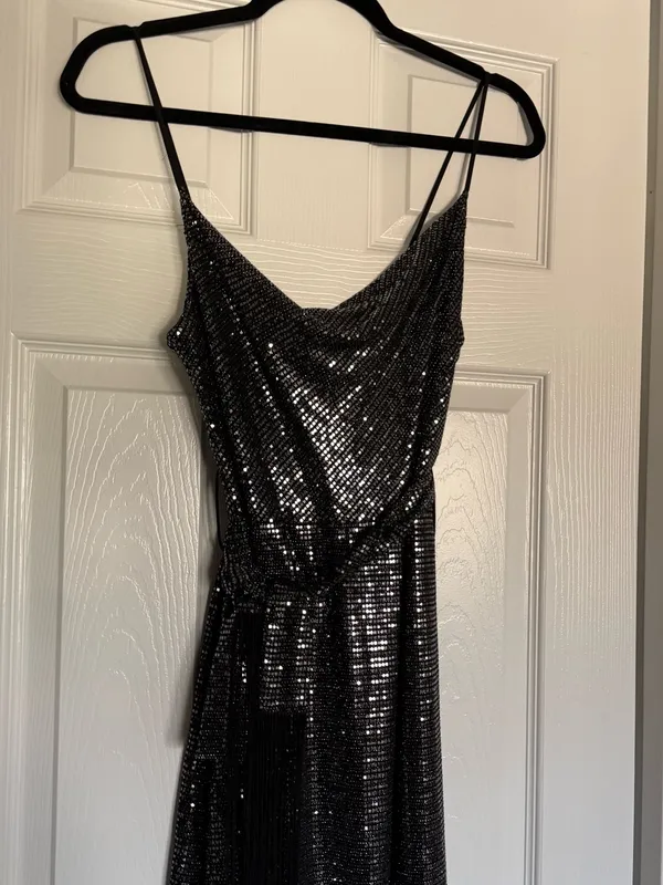NWT Zara Silver Sequin Midi Dress With Fringed Belt and Side Slit - Image 7