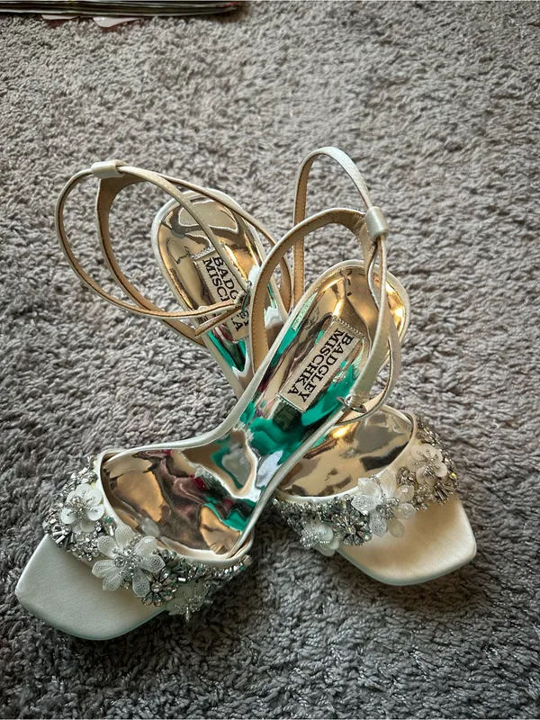 Badgley Mischka Ivory Satin Crystal Floral Open-Toe Heels - Image 2
