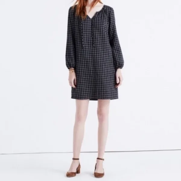 Madewell Signal Tunic Shift Dress Hayden Black White Windowpane Plaid Cotton M - Image 3