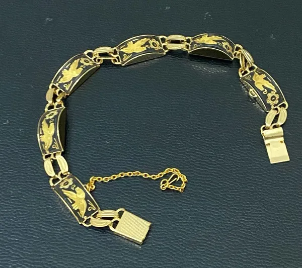 Vintage Damascene Gold-tone Enameled Birds & Flowers Link 8” Bracelet 16.3g - Image 5