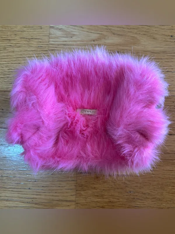 SkinnyDip Pink Faux Fur Embroidered Lips Kidcore Maximalism Cosmetic Makeup Bag - Image 2