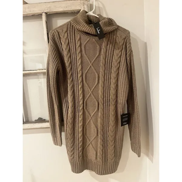 NWT Lulus Taupe Cable kit Turtleneck Sweater Dress NEW size Small - Image 3