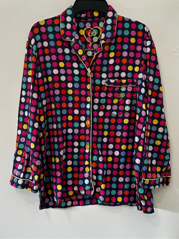 Victoria's Secret Pajama Set M Multi-Color Polka Dot 100% Cotton Button Up Pants - Image 2