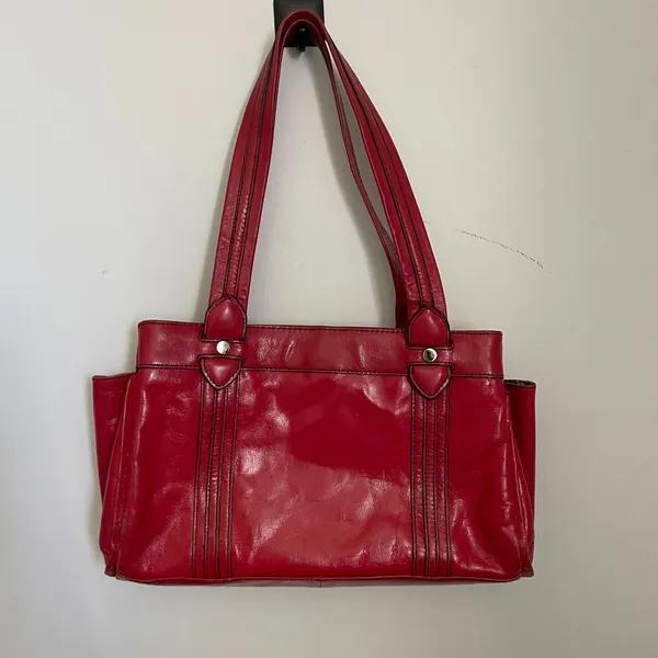 Kate Landry Red Leather Shoulder Bag Zebra Print Lining‎ Multi Compartment Tote - Image 11