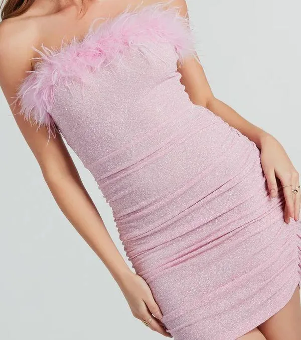 Radiant Glow Feather Trim Glitter Mini Dress - Image 2