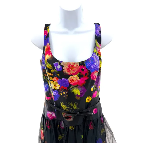Milly Natalie Floral Cocktail‎ Dress Black Multi Tulle Skirt Bow Belt 10 NEW - Image 4