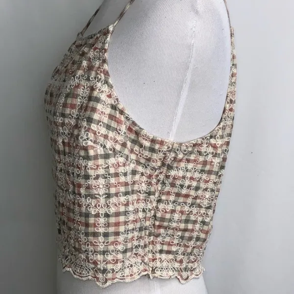 American Eagle Gray & Red Checkered Cropped Spaghetti Strap Tank Top L - Image 7