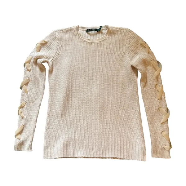 Lauren Ralph Lauren Sweater Womens Size S Ivory Rib Knit Ribbon Sleeve Cotton - Image 2