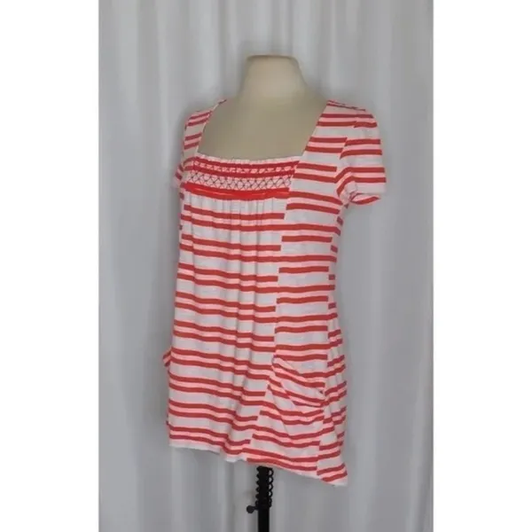 Anthropologie MEADOW RUE Marin Striped Top Smocked Knit Red White Medium - Image 6