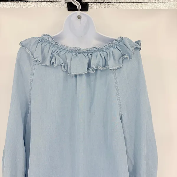 Lauren Ralph Lauren Chambray Womens Top Sz M Ruffle Peasant Boho Coastal Cottage - Image 7