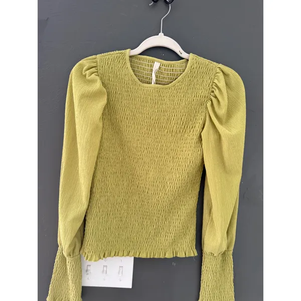 By Anthropologie Smocked Puff Sleeve Top Chartreuse Green Long Sleeve Small - Image 3