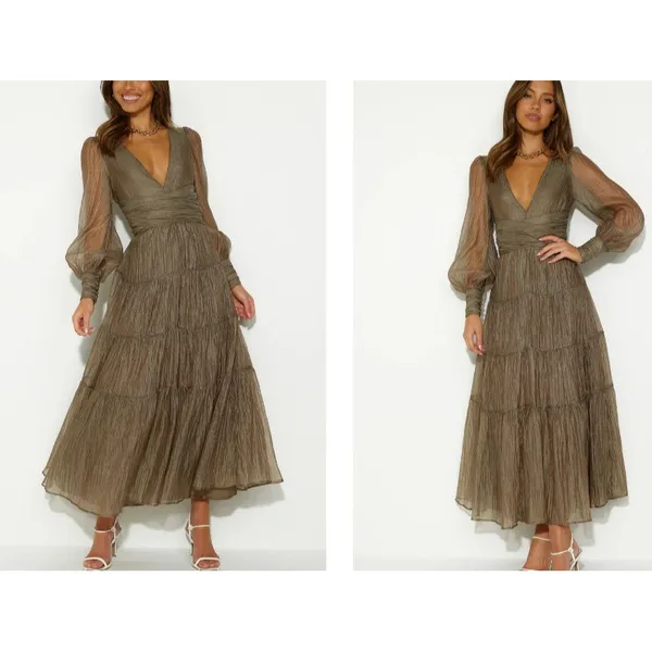 Sheer‎ Crinkle Tiered Maxi Dress Women's S Khaki Ethereal Romantic Coquette Chic - Image 2