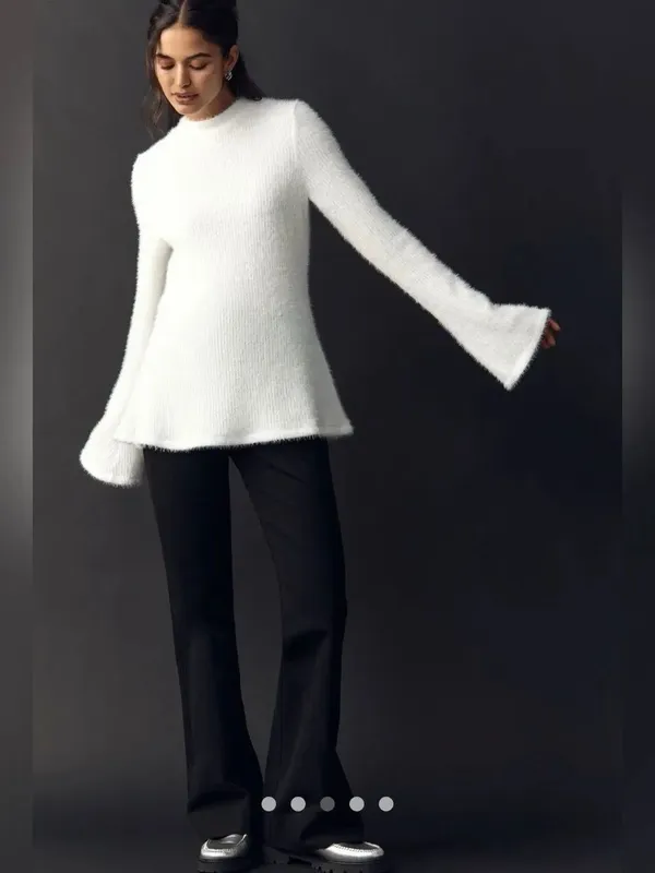 Anthropologie Maeve Tie Back Bell Sleeve Top Tunic Sweater Ivory White S NWT - Image 3