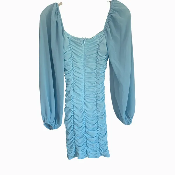 Hello Molly‎ Light Blue Ruched Mini Dress Square Neck Bishop Sleeve Size US 2 XS - Image 9