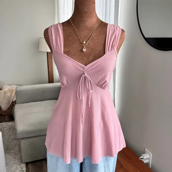 2000s Vintage Sweet Pea by Stacy Frati Pink Mesh Tie Front Babydoll Top Medium - Image 2