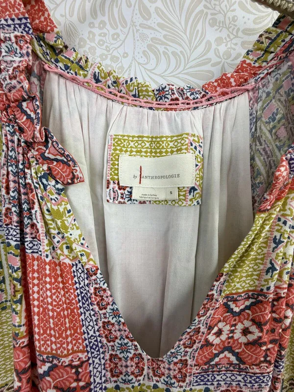 Anthropologie Pink and Yellow Robin Tiered Patchwork Mini Dress - Size - Small - Image 7