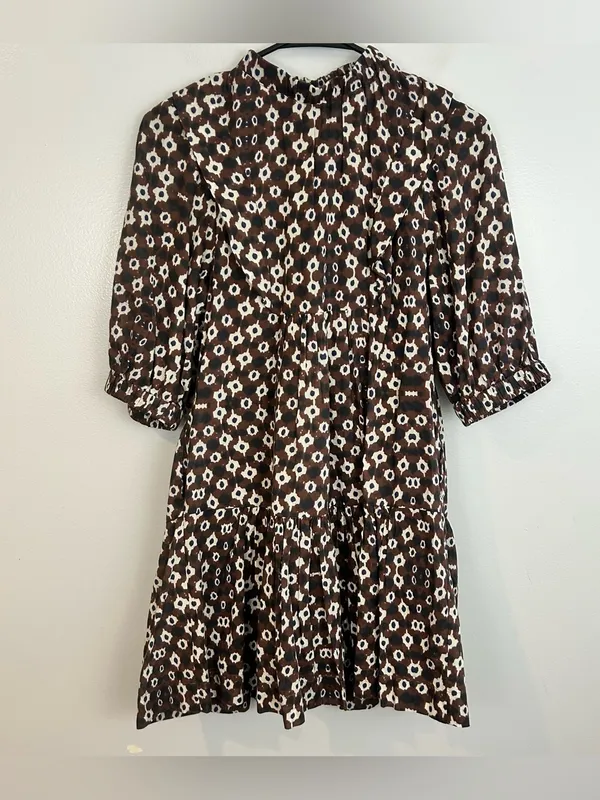 Sea Brown Abstract Mixed Print High Neck Ruffle Tiered Mini Dress Size 0 - Image 7
