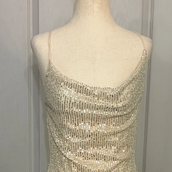 Hello Molly Champagne Gold Sequin Cowl Neck Lace‎ Up Back Mini Dress US 6 Viral - Image 13