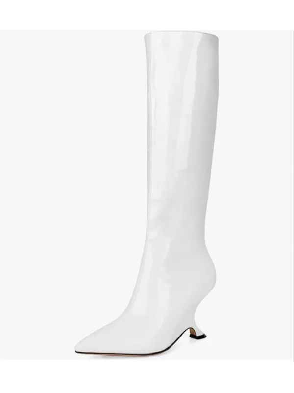 NEW White Patent Metallic Boots Knee High Sculptural Wedge Heel Boots 8.5 - Image 2