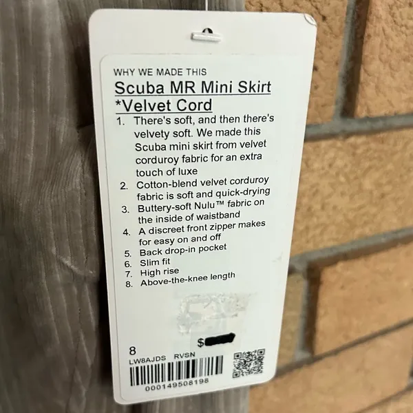 Lululemon NWT Scuba Mid-Rise Mini Skirt *Velvet Cord Riverstone Size 8 - Image 6