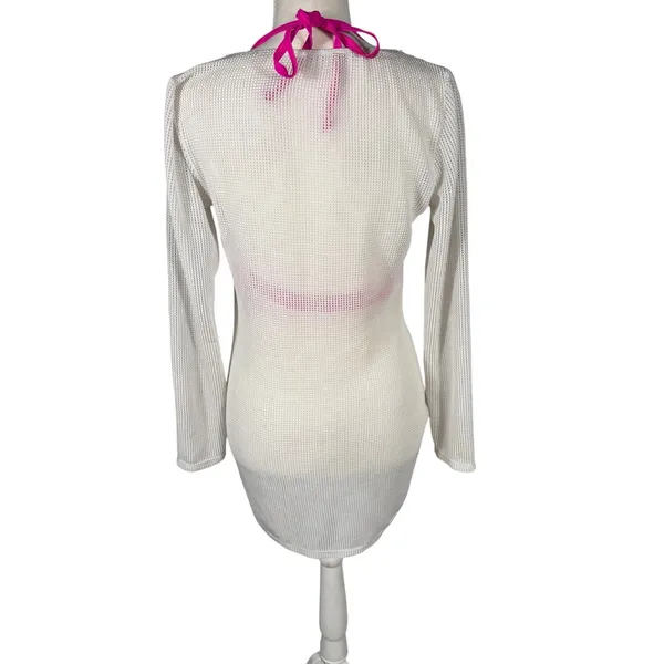 Mesh Swim Cover Up Womens Large Cream Deep Scoop Open Back Beach Dress - Image 7