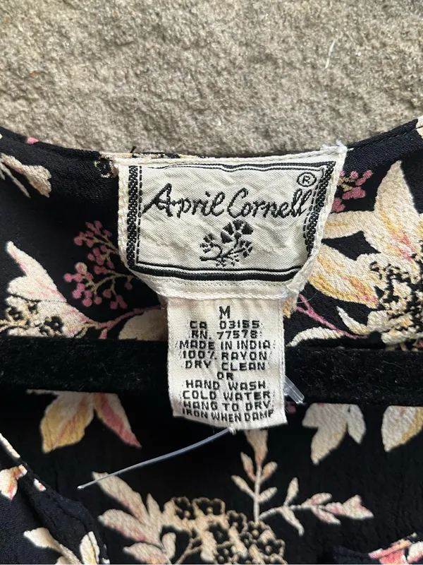 Vintage April Cornell Floral V-Neck Sleeveless Maxi Dress Black/Pink Medium - Image 6
