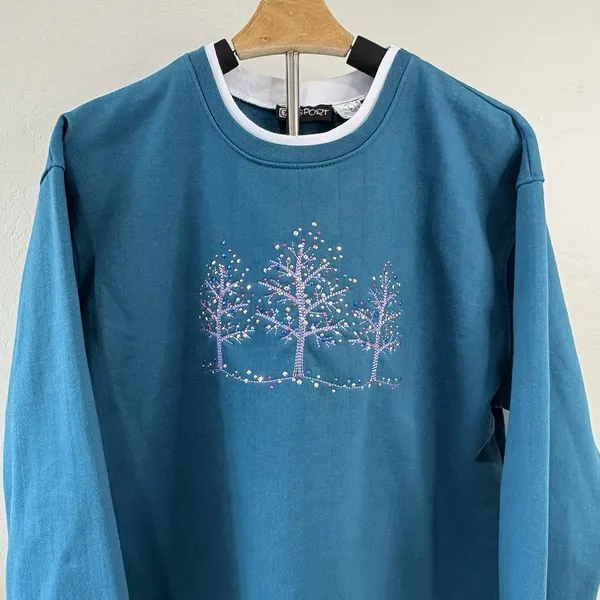 Vintage Teal Blue Double Collared Pullover Sweatshirt Winter Tree‎ Design - Image 2