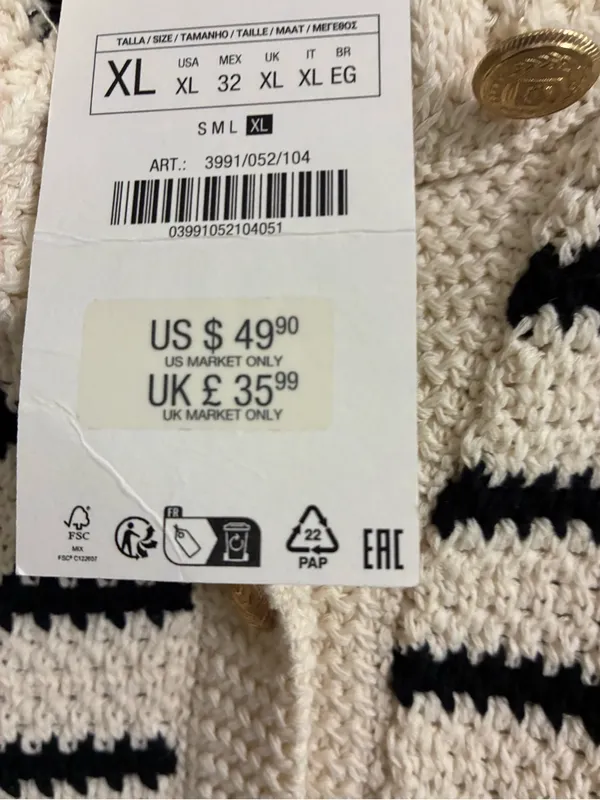 Zara Cream & Black Striped Crochet Cardigan NWT XL - Image 4