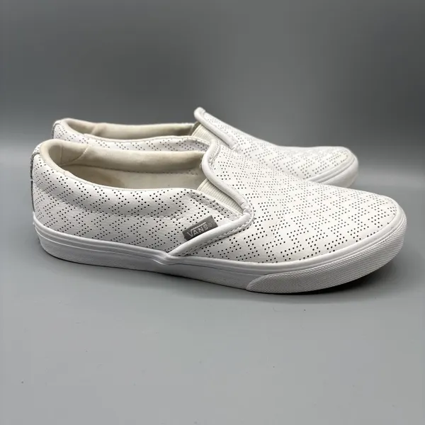 Vans Perforated Leather Shoe Women Size 6.5 White Chevron Asher Slip on Sneakers - Image 4