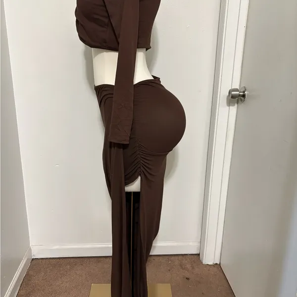 Women's Brown Draped Maxi Skirt Set - Chic Asymmetric Silhouette NWT XL - Image 3