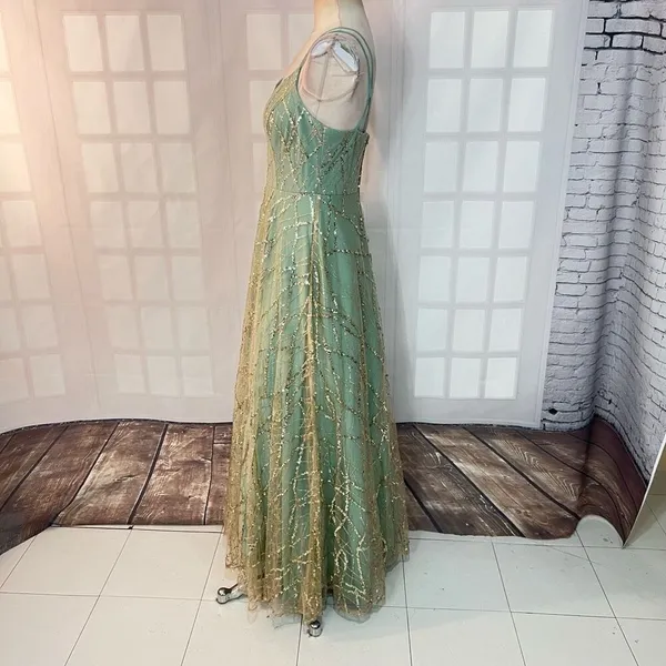 TLC Say Yes to the Prom Green Gold Sequin Glitter Sleeveless Ball Gown Size 9 - Image 7
