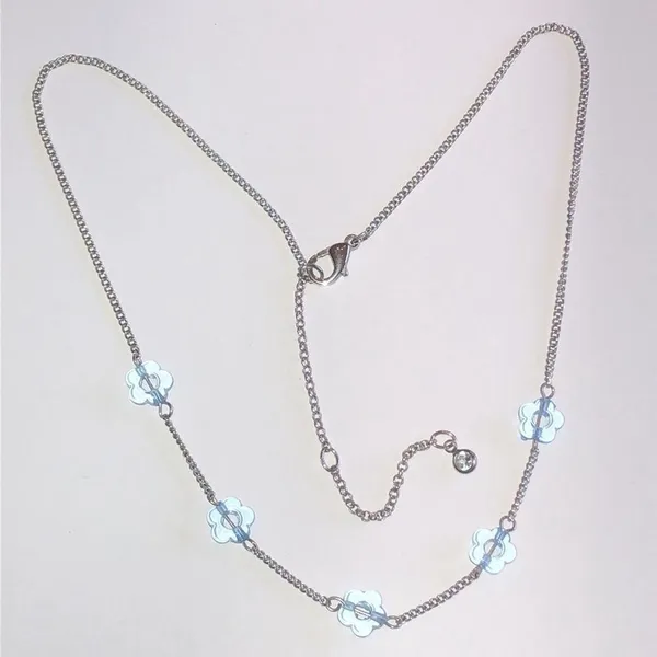 Silver Tone Clear Blue Flowers Dainty Chain Boho Necklace - Image 3