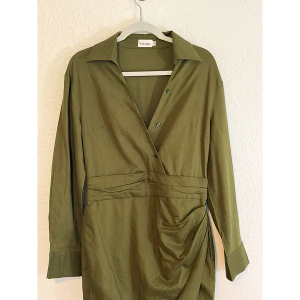 MODESEES Dress Olive M Womens Ruched Faux Wrap‎ Long Sleeve Midi Modest - Image 7