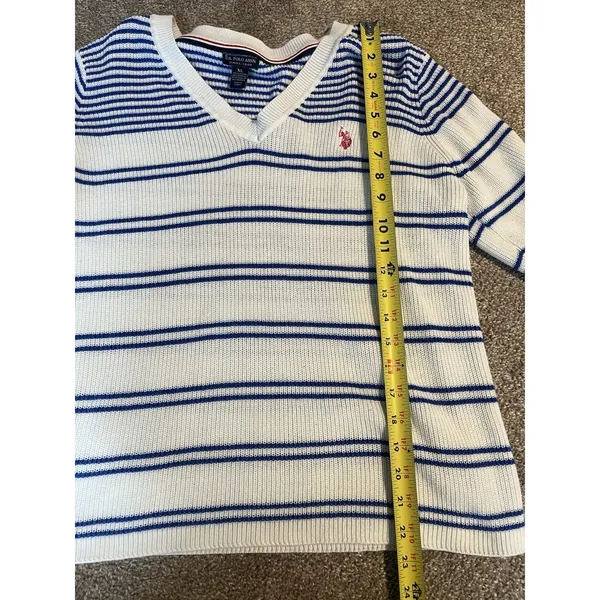 US‎ POLO ASSN WOMEN'S SWEATER NAUTICAL STRIPED V-NECK WHITE BLUE sz LARGE - Image 5