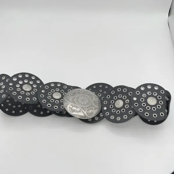 Womens Statement Belt Black Round‎ Circle Studded Belt Ornate Silver Buckle Y2K - Image 3