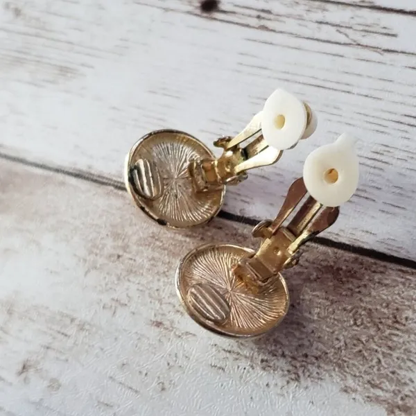 Vintage Clip On Earrings - White Domed Circle with Gold Tone Halo - Image 4